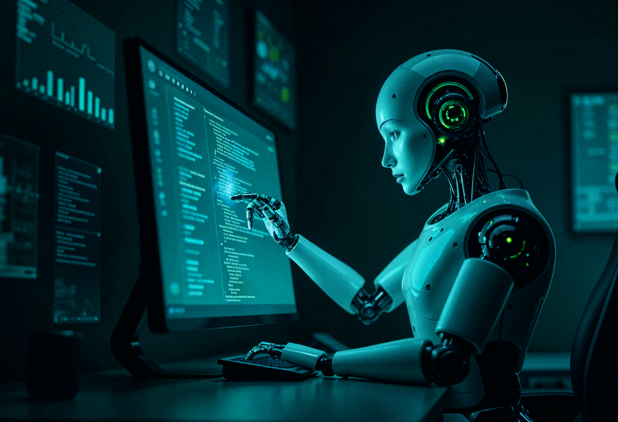 Humanoidalny robot programuje przy komputerze w futurystycznym, ciemnym otoczeniu.