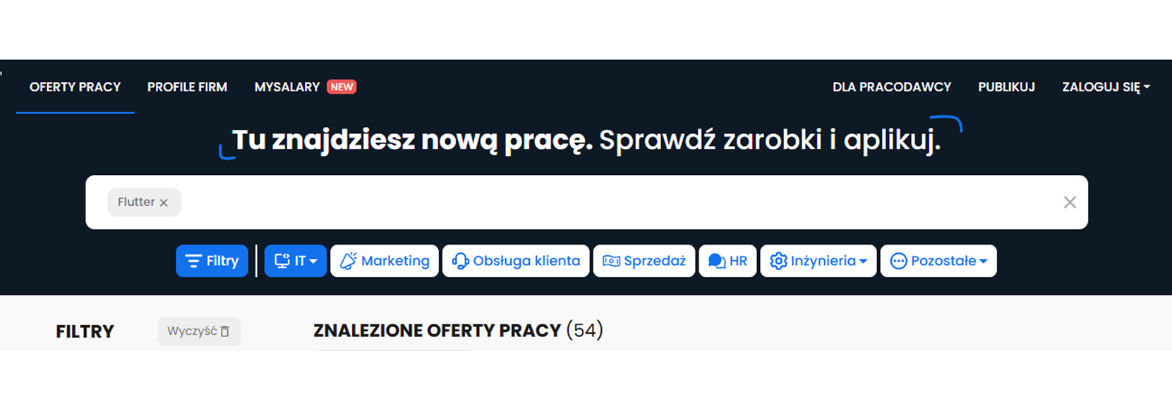 Zrzut lub wykres pokazujący liczbę ofert pracy dla programistów Flutter na portalu NoFluffJobs, znacząco niższą w porównaniu do React.